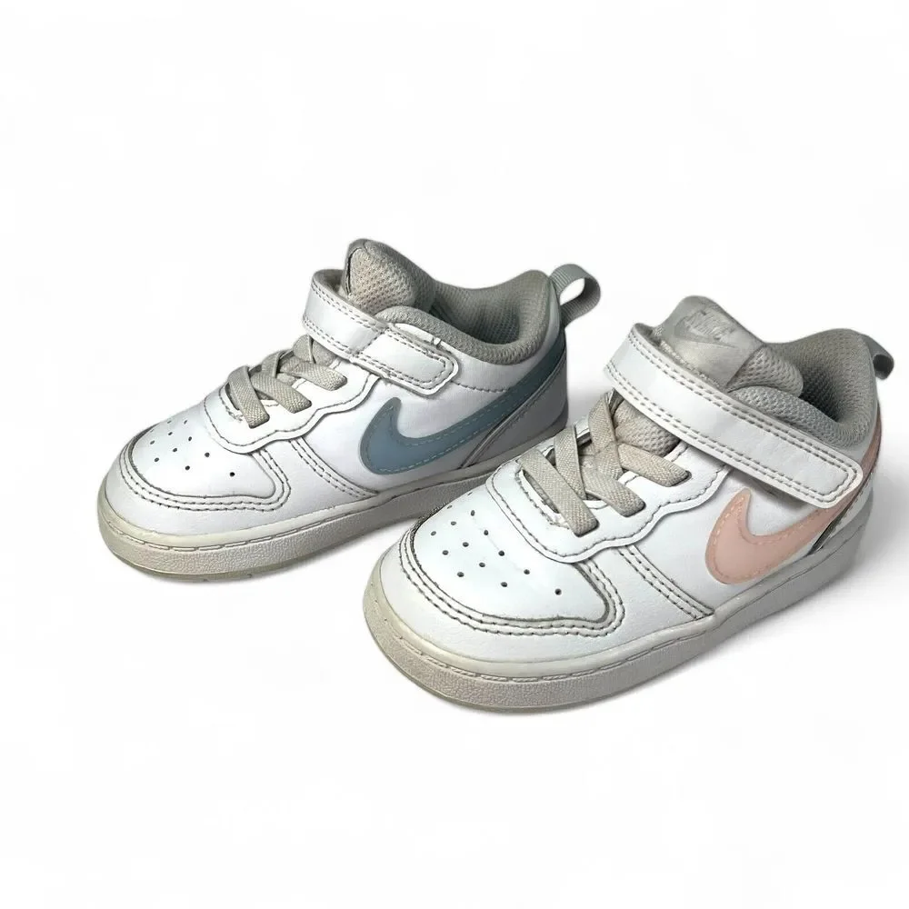 Nike Kids White Sneakers with Blue and Pink Swooshes